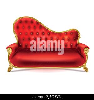 Vector realistic luxurious red leather, velvet or silk sofa with golden carved legs isolated on white background. Gilded antique royal couch in victor Stock Vector