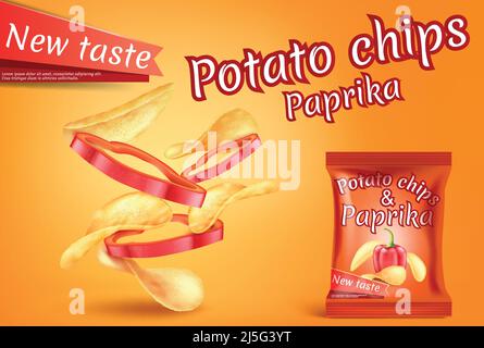 Vector promotion banner with realistic potato chips and paprika slices. Fast food with hot pepper, foil package with crispy salted snacks on orange ba Stock Vector