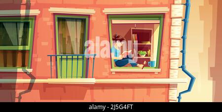 Vector illustration section of building facade with girl reading the book on the window of multi-storey apartment, building outside concept. Reader, d Stock Vector