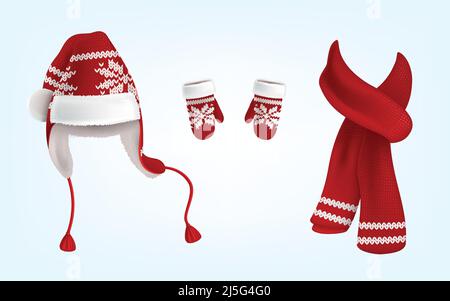 Vector realistic illustration of knitted santa hat with earflaps, red mittens and scarf with decorative pattern on them, isolated on background. Chris Stock Vector