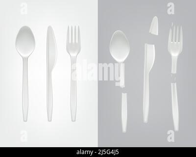 Vector 3d realistic disposable plastic cutlery - spoon, fork, knife and broken tools. Mock up of picnic party tableware isolated icons set on gray bac Stock Vector