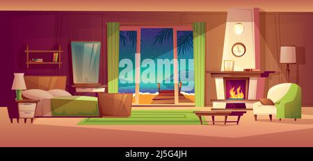 Vector night panorama of villa interior, window with seaside. Light from fireplace. Bedroom of tropical hotel, resort, tourism concept. Luxury house w Stock Vector