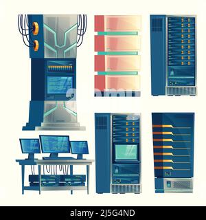 Vector set of various cartoon control room, server racks, database, data center. Hosting, networking, administration of internet technology. Computer Stock Vector