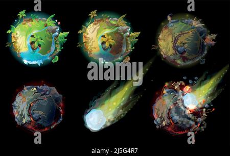 Stages of earth death, climate changes and global warming, heat and drought, asteroid impact on planet, the end of world, vector catastrophe of planet Stock Vector