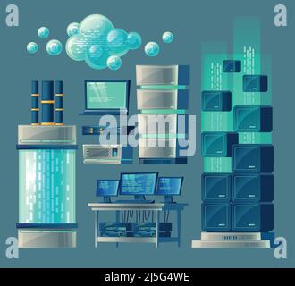 Vector cartoon set of equipment and devices for data processing and storage, database, cloud services, network connection, hosting. Modern computer te Stock Vector