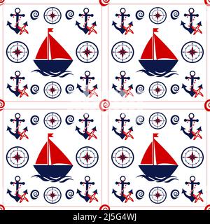 Sailor and nautical pattern in blue-red style. Lighthouse, boat, compass, boat, anchor and other nautical elements Stock Vector
