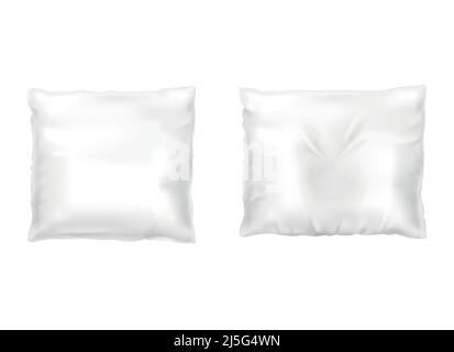 Vector realistic set of white square pillows, comfortable, soft, clean and crumpled, top view isolated on background. Object for sweet dreams in bedro Stock Vector