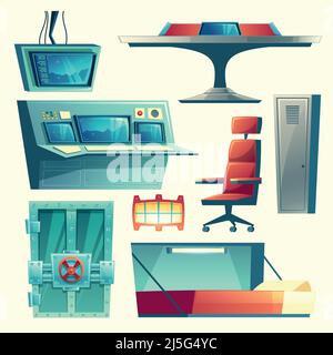 Vector cartoon set with equipment for underground bunker, bomb shelter, base for survival. Hiding place to protection from danger and war, command pos Stock Vector