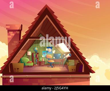 Vector cartoon illustration of attic, mansard, loft under the roof of building for accommodation or storage. Top floor of private house, room to obser Stock Vector