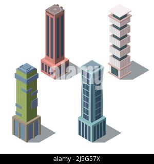 Vector set of isometric modern buildings in cartoon style. Urban skyscrapers for town exterior, architecture. Residential construction for cityscape c Stock Vector