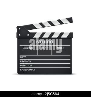 Vector 3d realistic illustration of open movie clapperboard or clapper isolated on background. Black cinema slate board, device used in filmmaking and Stock Vector