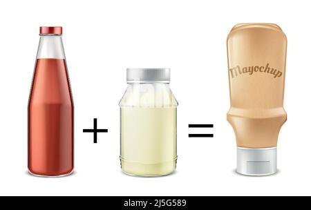 Sauce recipe vector concept illustration. Tomato ketchup mixed with mayonnaise to get mayochup, condiment for eating and cooking. Mockup with glass bo Stock Vector