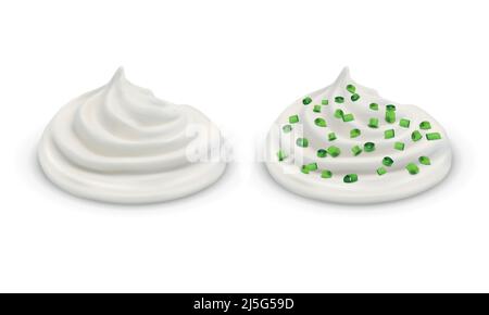 Vector realistic set of two handfuls of white sour cream, yogurt, sauce tartar, soft cheese, mayonnaise with sliced green chives isolated on backgroun Stock Vector