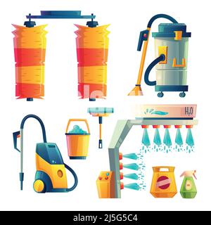 Vector set of cartoon bright car washing elements. Automobile service for cleaning transport by liquid detergent, automatic washers, brushes. Collecti Stock Vector