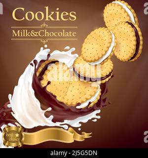 Vector promotion banner with realistic cookies flying in milk and chocolate splashes, crispy biscuits, sweet crackers. Pastry, natural dessert for hea Stock Vector