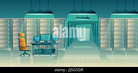 Vector set of cartoon control room with server racks, table. Database, data center for hosting, networking. Administration of internet technology with Stock Vector