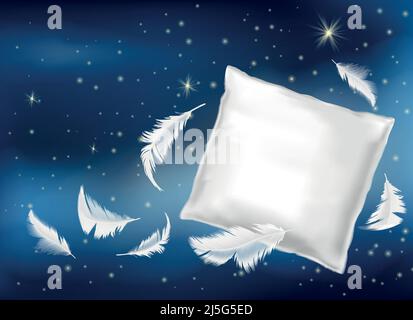 Vector 3d realistic illustration with white pillow and feathers isolated on blue night background. Mock up with soft cushion for comfortable sleep and Stock Vector