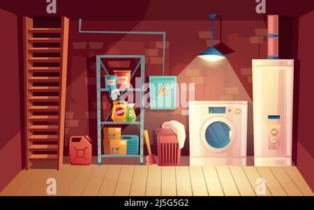 Vector cellar interior, laundry inside the basement in cartoon style. Storage with shelves, furniture, appliances - washing machine, heating system. A Stock Vector