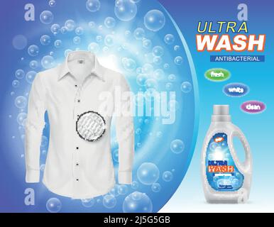 Vector promotion banner of liquid detergent for laundry or stain remover in plastic bottle, with white clean shirt on blue background with soap bubble Stock Vector