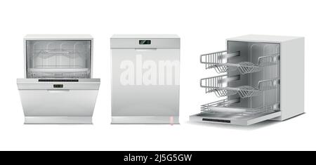 Vector 3d realistic dishwasher with open, closed door, digital display. Front, side view of dishwashing machine isolated on white background. Modern h Stock Vector
