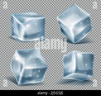 Vector set of four realistic blue ice cubes with water drops, cold