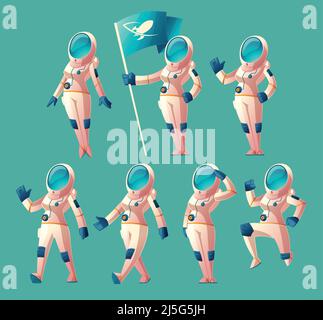 Vector set with cartoon astronaut girl in spacesuit and helmet, in different poses, holding flag, waving hand, walking, running. Clipart with cute wom Stock Vector