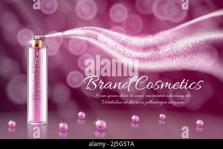 Vector 3d realistic ad, promotion cosmetic banner of essence, mock up with glass spray and wave, plume of scent, flavor. Plastic jar on pink backgroun Stock Vector