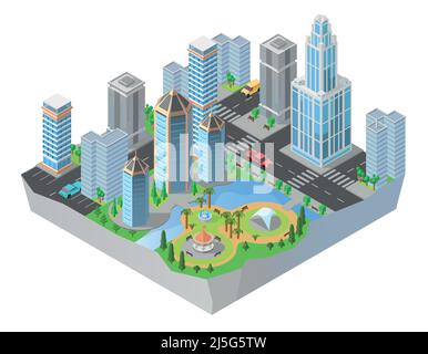 Vector 3d isometric city, downtown with modern residential buildings, skyscrapers, roads, park. Cityscape, map of town, central district with business Stock Vector