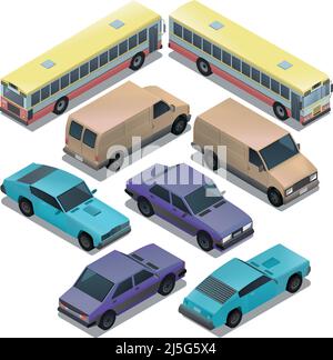 Vector set of isometric urban transportation. Cars with shadows isolated on white background. Sedan, bus, sport, retro, wagon, van automobiles in cart Stock Vector