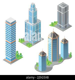 Vector set of isometric modern buildings in cartoon style. Urban skyscrapers, town exterior, residential construction. Architecture, cityscape concept Stock Vector