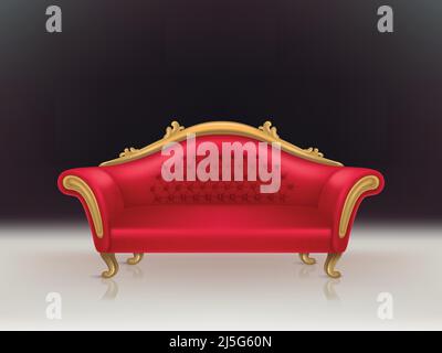 Vector realistic luxurious red velvet sofa with golden carved legs on black background, white floor. Gilded antique royal couch in victorian style. In Stock Vector