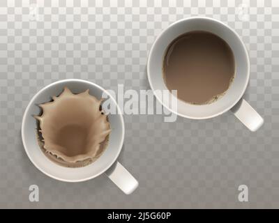 Vector realistic set with two cups of coffee, liquid splash, top view isolated on translucent background. White mugs with hot, strong drink for mornin Stock Vector