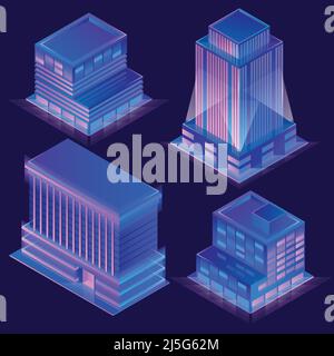 Vector 3d isometric modern buildings in cartoon style with neon illumination. Urban skyscrapers with light in evening, night. Town exterior with lumin Stock Vector