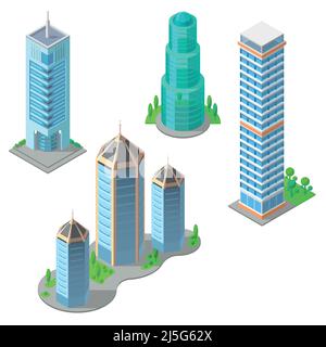 Vector isometric set of modern buildings, urban skyscrapers, high business towers, residential multistorey constructions isolated on background. Archi Stock Vector