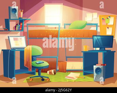 Vector cartoon illustration of small dorm room, dormitory interior inside, hostel bedroom. Cozy apartment for students in college campus with furnitur Stock Vector