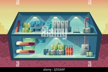 Vector cross section of secret bunker, interior of scientific laboratory for creation. Cartoon isolated lab, headquarters for experiments or technolog Stock Vector
