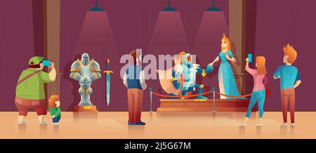Vector museum with visitors, medieval exhibition. Armored knight with helmet, princess in blue silk dress as exhibits. Field trip in history, excursio Stock Vector