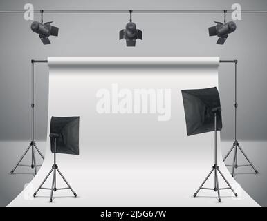 Vector realistic illustration of empty photo studio with blank white screen, lamps, flash spotlights, reflectors on tripods. Concept background with m Stock Vector