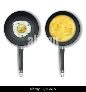 Vector realistic set of two round frying pans with non-stick coating isolated on background. On one fried eggs with greens, on another delicious omele Stock Vector