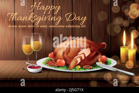 Happy Thanksgiving day vector background. Traditional holiday dinner, roasted turkey with vegetables, cranberry sauce, glasses of white wine and candl Stock Vector