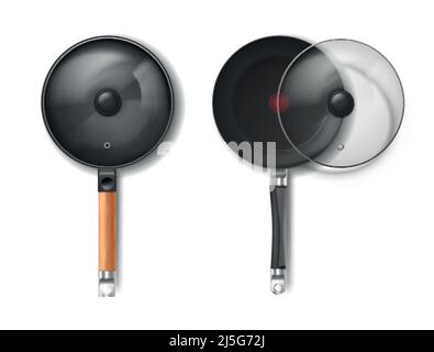 Vector realistic set of two round frying pans with glass lids, with red thermo-spot indicator and non-stick coating isolated on background. Modern coo Stock Vector
