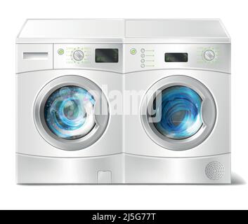 Vector realistic illustration of white front-load washer with dirty laundry inside and dryer with close door isolated on background. Modern household Stock Vector