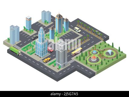 Vector 3d isometric megapolis, city. Collection of skyscrapers, buildings and parking places with green park, palm trees. Streets with traffic - cars, Stock Vector