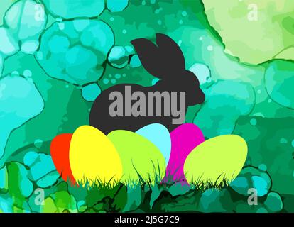 Rabbit and eggs on a watercolor background. Happy easter. Vector illustration Stock Vector