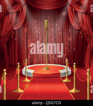 Vector illustration with golden microphone on podium, red curtains. Stage for stand up, performance or lecture. Public scene for speech of orator. Ill Stock Vector
