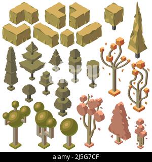 Vector 3d isometric autumn plants, trees. Nature objects in fall, environment. Ecology, natural park, forest elements, botanical decoration Template f Stock Vector
