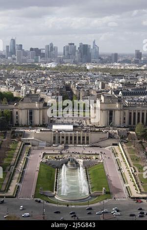 Paris: aerial view of the skyline with the Trocadero Gardens and the skyscrapers of the La Defense district seen from the top of the Eiffel Tower Stock Photo