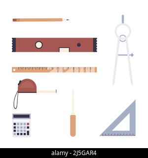 Building construction tools. Architect working supplies and equipment isolated illustration Stock Vector