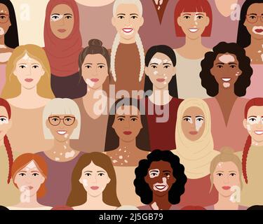 Seamless pattern of female faces with vitiligo. Portraits with different ethnics, skin colors, hairstyles. Vitiligo skin disease and body positive con Stock Vector