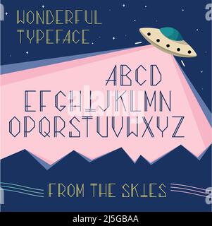 Vector alphabet uppercase letters in space, UFO concept. Cosmos cartoon font for typography. Modern typographic element, trendy typeface with extrater Stock Vector